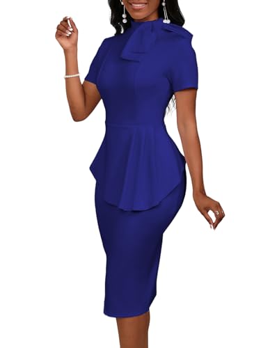 Image of WanMem Women Formal Bodycon Peplum Cocktail Dress Short Sleeve Bow Ruffle Pencil Party Midi Dresses