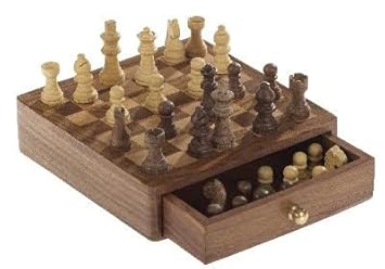 Nagina Wood Carving Works Wooden Chess with Magnetic Pieces Travel Game with Drawer 6-inch Travelling Games for Kids