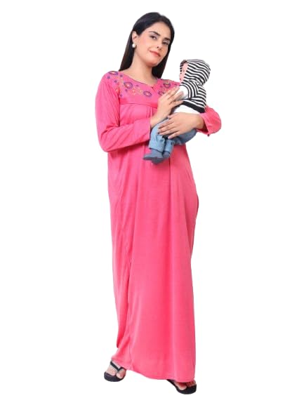 Women's Baby Feeding Printed Full Sleeves Maternity Nighty with Both Side Chain Nightdress Maxi | Size-Large, V Shaped Neck (Article-FD-060B) Dark Pink-picture-31