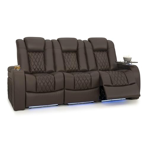 Image of Seatcraft Diamante Brown Italian Leather Home Theater Seating, Zero Gravity Power Recliner Gaming and Home Office Chair, Powered Headrest Lounge Sofa Furniture for Cinema Room, Row of 3 Sofa