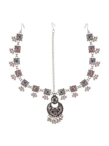 Efulgenz Oxidized Maang Tikka Indian Maang Tikka with Head Chain Mathapatti Jewelry Headband Bohemian Hair Accessories Oxidized Indian Jewelry Crystal Rhinestone Headpiece Wedding Bollywood Bridal