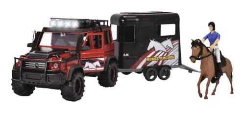 Dickie Toys - Juego de Remolque de Caballos (42 cm) - Camión de Juguete Rojo y Negro con Remolque de Caballo, Caballo y Jinete - para niños a Partir de 3 años