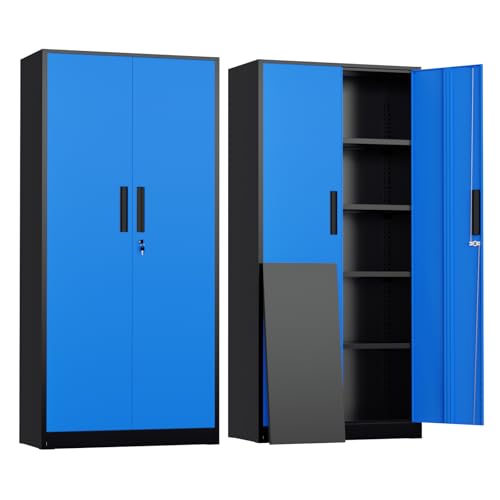 Image of Greenvelly Metal Garage Storage Cabinet with Doors and Shelves, 72 inch Steel Lockable File Cabinet,Office Storage Cabinet Tall Metal Cabinet for Garage Office School Gym Warehouse(Black Blue)