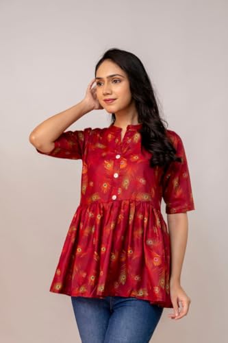 Image of Women's Printed Peplum Top | Ethnic Feather Print Kurti Style Top | Mandarin Collar, 3 /4 Sleeve | Casual & Office Wear for Girls & Women | Maroon