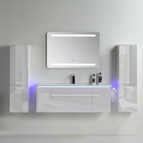 Faizee Home | Badmöbel Komplettset mit Waschbecken 6-teiliges 90 cm Weiß Hochglanz – Keramik-Waschbecken mit eckigem LED-Spiegel & 2 Seitenschränken | Modernes Badezimmermöbel-Set mit viel Stauraum