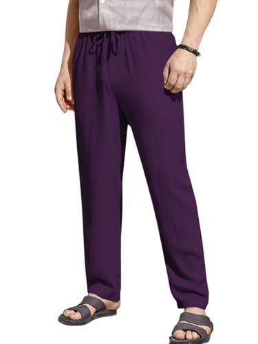 Image of TOPLOT Men's Premium Linen Blend Pants | Lightweight Breathable Fabric | Elastic Waist with Drawstring | Straight Fit | Side Pockets | Perfect for Casual, Holidays & Travel (5268)