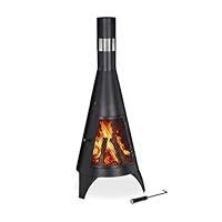 Relaxdays Terrassenofen mit Funkenschutz Tür, dekorative Feuerstelle für Holz, Gartenofen, HxD: 120x45cm, Stahl, schwarz