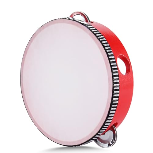 Flexzion Wooden Round Tambourine for Adults 6' Inch Single Row 8 Pair Jingles, Red Handheld Percussion Instrument for Beginner and Professional Tambourine Player