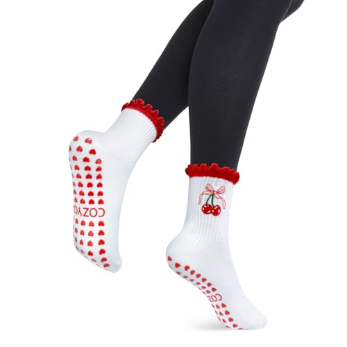 Non Slip Pilates Socks: 3 Pairs Crew Cotton Ruffle Grip Socks for Women4