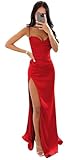 Kigretn Satin Mermaid Prom Dresses for Women 2024 Ruched Spaghetti Straps Long Formal Evening Party Gown with Slit Red