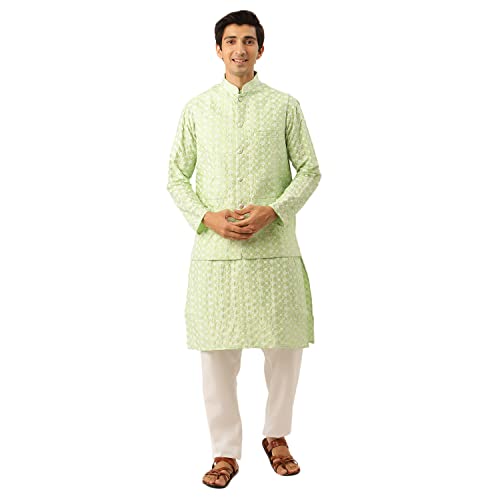 Image of SOJANYA (Since 1958 Men's Silk Blend Light Green Kurta & Nehrujacket with White Pyjama Combo