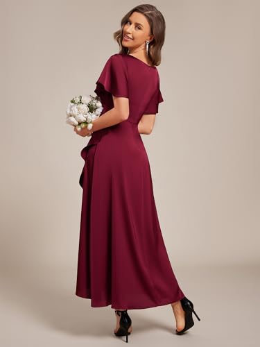 Image of Ever-Pretty Women's V Neck Satin Short Sleeves Ruffle Hi-Lo Midi Bridesmaid Dress 02336