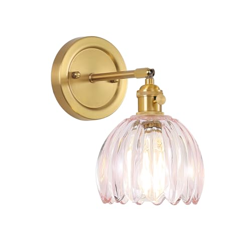 Image of 5 inch Vintage Wall Sconces with Pink Tulip Glass Lampshade 180 Adjustable Brass Sconce Hradwired Modern Wall Lighting Fixture for Bedside Bedroom Reading Nook