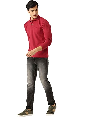 Image of CHKOKKO Cotton Polo Neck Full Sleeves Plain T Shirt for Men with Pocket Red L