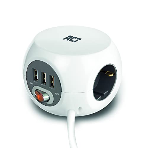 ACT Bloc multiprise avec USB, Powercube 3 Prises USB-A (2,4 A/12 W) avec Interrupteur, Prise 3 Prises, avec Tampon adhésif pour Cuisine, Bureau, Salon,...