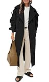 Farktop Womens Oversized Long Trench Coat Double Breasted Lapel Windproof Overcoat with Belt