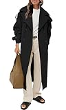 Farktop Women's Oversized Long Trench Double Breasted Lapel Windproof Overcoat Belt Coat, Black, Large