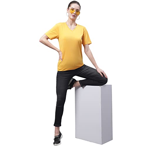 Image of Mack Jonney Women V Neck Cotton Solid Regular Fit T-Shirt-V Anthraa 001-P