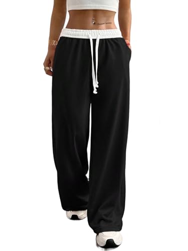SOFIA'S CHOICE Women's Low Waisted Drawstring Sweatpants Color Block Long Pants with Pockets