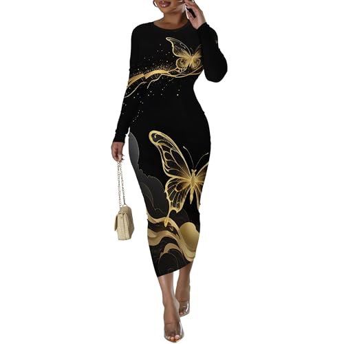 Fall Winter Women's Long Sleeve Bodycon Dress Basic Casual Crewneck Tight Midi Pencil Dress Elegant Fitted Club Party Dresses Gold and Black