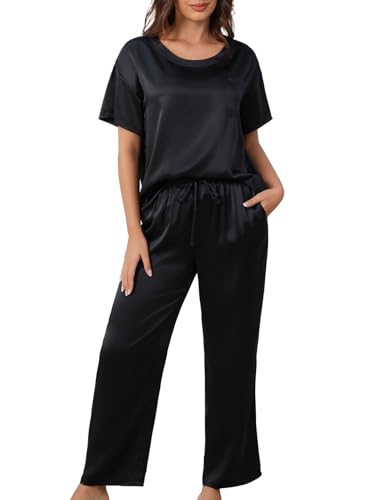 Image of THXSILK Mulberry Silk Womens Pajama Set with Pocket, 2 Piece Lounge Sets for Women, Short Sleeve Sleepwear
