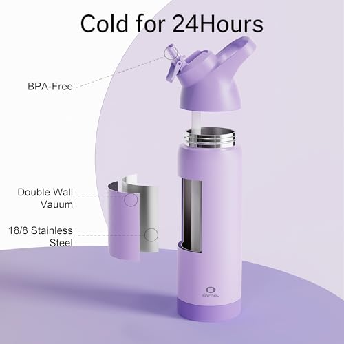 Insulated Water Bottle with Straw - Encool Stainless Steel Water Bottle, Reusable Leakproof and BPA-Free for Sports, Travel, Cold for 24 Hours, 24 oz, Lavender