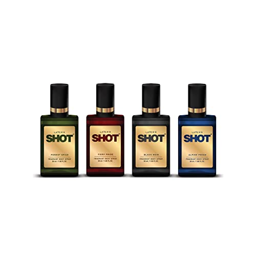 Image of Layer'r Shot Alpine Fresh + Forest Spice + Fiery Pride and Black Noir | Long Lasting Body Spray | Combo Pack of 4 for Men | 50ml