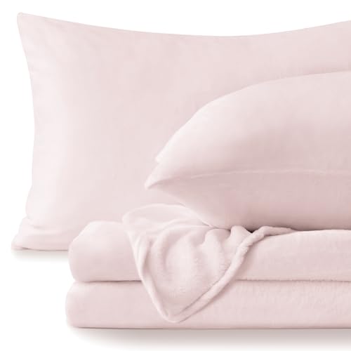 Image of BEDELITE Flannel Sheets Queen Size Pink - Super Soft Fleece Sheets Set Fluffy Extra Plush, 4 Piece(Include Fitted Sheet, Flat Sheet, 2 Pillowcases)