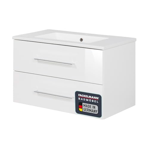 FACKELMANN B.PERFEKT Badmöbel Set 82 cm, Waschbecken mit Unterschrank in Weiß Hochglanz, Korpus Weiß matt, Maße (82 x 48,7 x 47 cm), Made in Germany