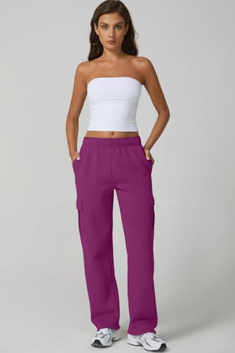 Image of QINSEN Baggy Medium Waist Elastic Sweatpants for Womens Casual Long Fleece Cargo Pants with Pockets