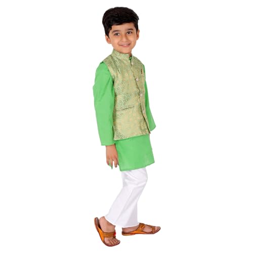Image of Superminis Boy's Cottton Kurta Cotton Brocade Printed With Golden Thread Work Nehru Jacket and Elastic Closure Pyjama Set