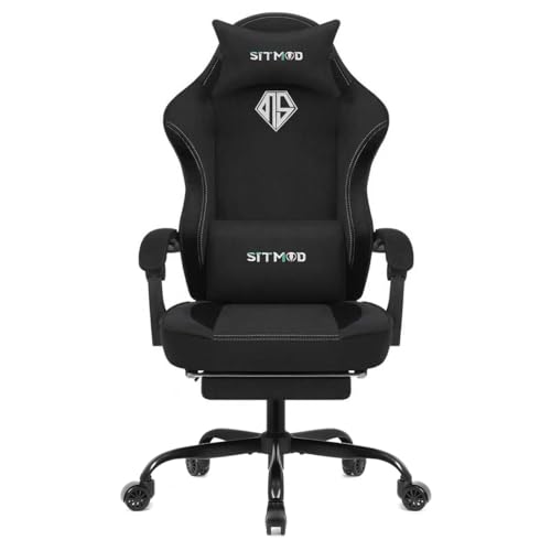 Gaming Chair, Video Gaming Chairs for Adults, Comfy Fabric Computer Office Chair with Pocket Spring Cushion, 350lb Heavy Duty Ergonomic Gamer Chair, 360° Swivel, Lumbar Headrest, 90-150° Recline Black