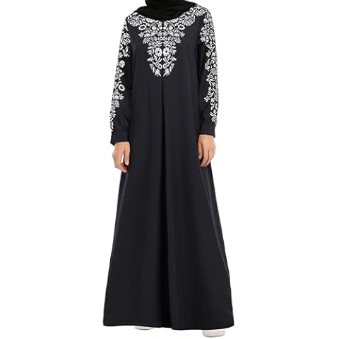 WSPLYSPJY Floral Printed Maxi Dress Muslim Abaya Long Sleeve Women Girls Prayer Clothes with Hijab Black M Cover
