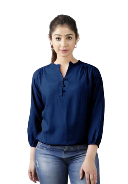 Women's Navy Keyhole Neck Top, Reyon Material, Regular Fit, Floral Embroidery, Three Quarter Sleeve, Hip Length, Casual and Office Wear-picture-35