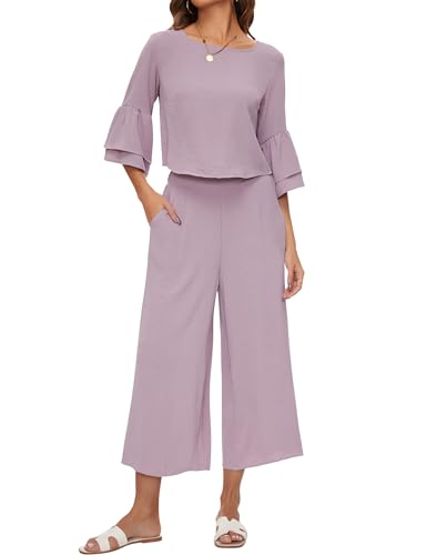 ROYLAMP Women's Summer 2 Piece Outfits Bell Sleeve Round Neck