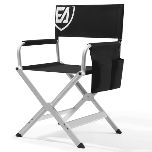 EVER ADVANCED Aluminum Directors Chair, Folding Studio Movie Chairs Camping Event Vendor Chair, 19" Seat Height Black Fabric/White Frame, Support 350lbs