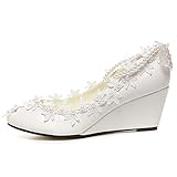 getmorebeauty Women's Wedge Flowers Pearls Mary Janes Wedding Bridal Shoes (US 7, White)