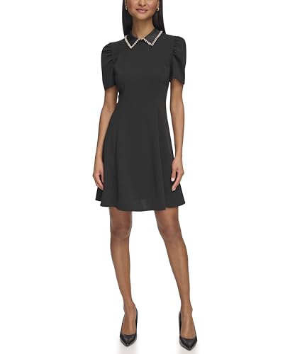 KARL LAGERFELD Women's Short Puff Sleeve Embellished Collar Scuba Crepe A-line Mini Dress2