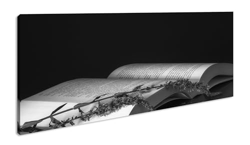 Libro abierto con una rama de lavanda panorámico 100 x 50 cm, efecto: negro/blanco como lienzo, diseño listo enmarcado en marco de madera auténtica, impresión digital de alta calidad con marco
