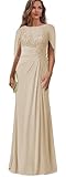 Lace Long Mother of The Bride Dresses for Wedding Guest Champagne Formal Evening Gown with Cape Sleeve Size 12