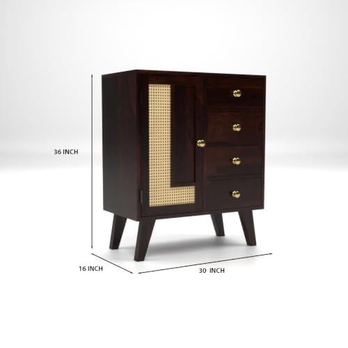 Image of Solid Sheesham Wood Chest of Drawers with Cane Panel | Wooden Storage Cabinet with 4 Drawers & 1 Door