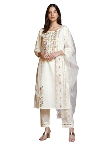 Image of INDO ERA Women's Embroidered Straight Kurta & Pant with Dupatta Set