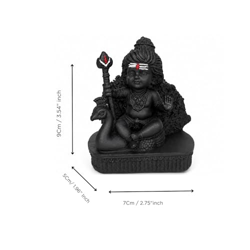 Image of eCraftIndia Lord Kartikeya Ji Idol with Peacock for Home Decor | Black Finish Kartikeya Murti | Spiritual Decorative Showpiece for Temple, Living Room & Gifting