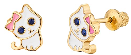 18k Gold Plated Screw Back Kitten Stud Hypoallergenic Earrings for Kids, Baby, Toddler, Little Girls with Surgical Steel Post for Ultra Sensitive Ears with Secure Safety Screwback