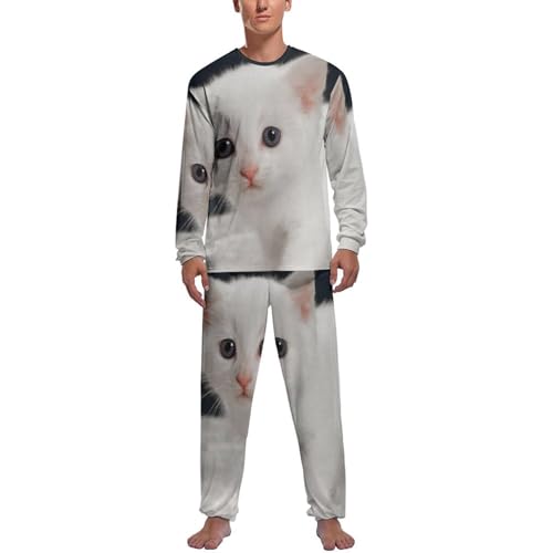 Ensemble de pyjama homme manches longues avec pantalon imprimé chaton blanc