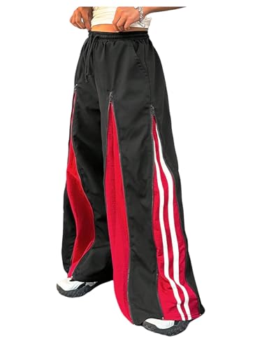GORGLITTER Girl's Zip Up Track Pants Y2K Color Block High Waisted Baggy Wide Leg Parachute Pants