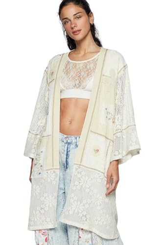 POL Clothing Boho Lace Kimono Cardigan with Floral Embroidery, Long Open Front, White