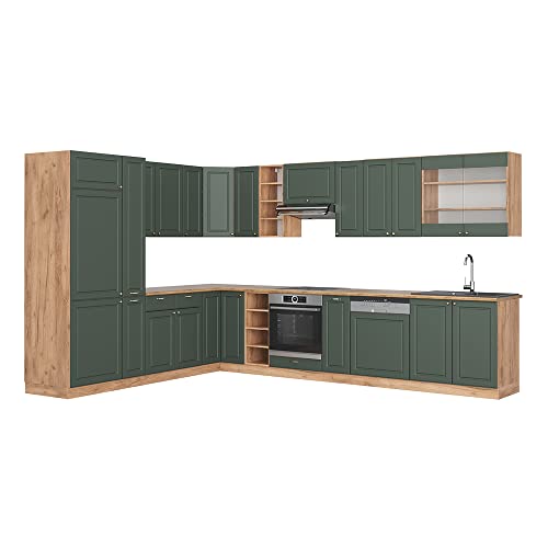 Vicco Eckküche Fame-Line, Grün-Gold Landhaus/Goldkraft Eiche, 347 x 257 cm ohne Arbeitsplatte, zur individuellen Erweiterung mit passenden Zusatzmodulen