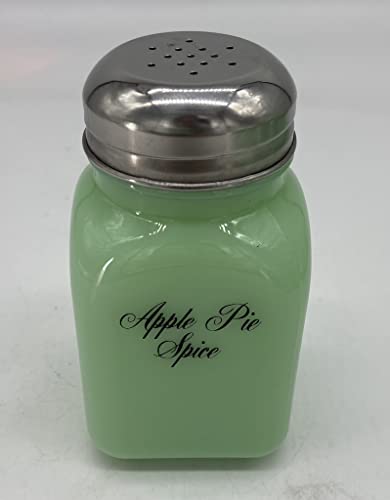 Spice Jar - Square Stove Top Shaker - Rosso Exclusive - Jadeite w/Script Letters - American Made - Mosser Glass USA (Apple Pie Spice)