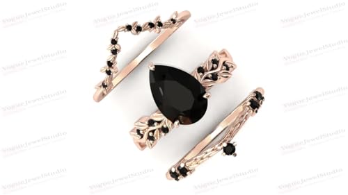 Vine Leaf Style 1 CT Black Onyx Engagement Ring Set Filigree 14k Gold Black Onyx Art Deco Wedding Ring Set Pear Shape Black Onyx Vintage Bridal Set Antique Anniversary Promise Ring Set4